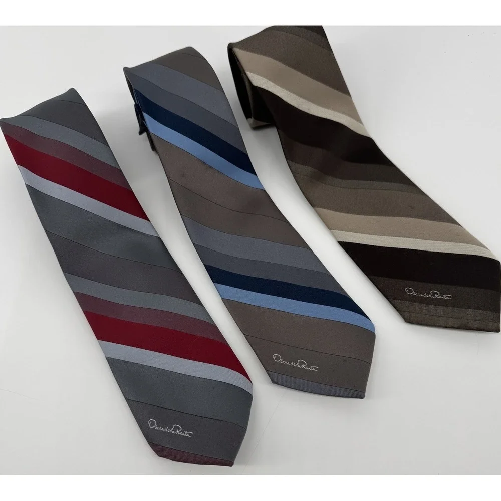 Oscar De La Renta Silk Tie Lot of 3 Striped Brown Red Blue 56